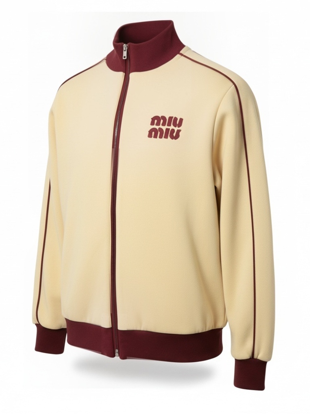 Miu Miu Beige Bomber Jacket with Burgundy Trim